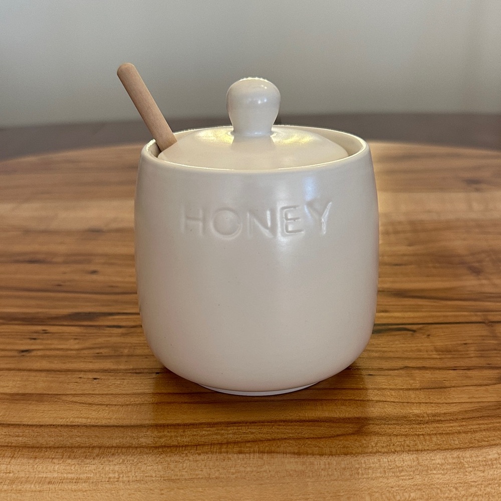 White Ceramic Honey Jar with Lid and Dipper